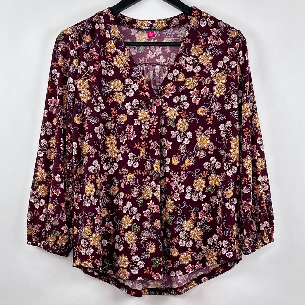 Vince Camuto Floral V Neck 3/4 Sleeves Elastic Cuff Multi Color Tunic Size S